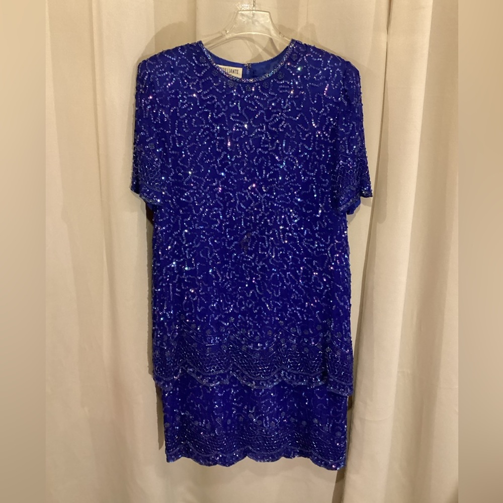 Fully beaded & sequenced formal below the knee length dress in royal blue